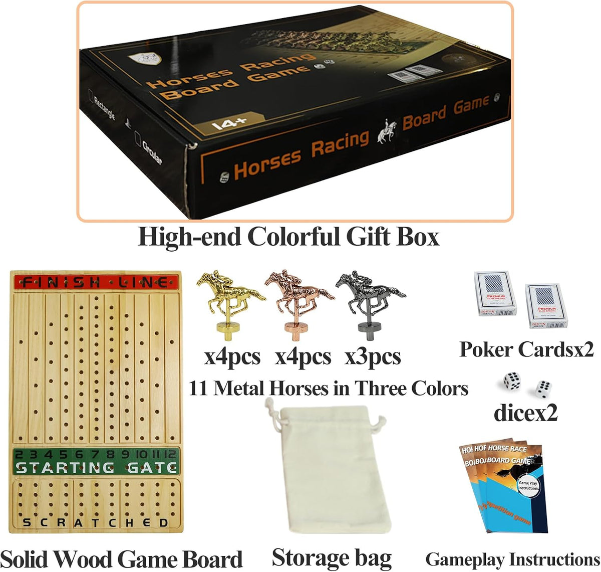HOROW Juego de mesa de carreras de caballos de metal, juego de mesa Finish Line, edición de lujo, tablero de carreras de madera maciza, 11 lotes de caballos modelo de metal, 2 juegos de dados y 2 cajas de cartas..