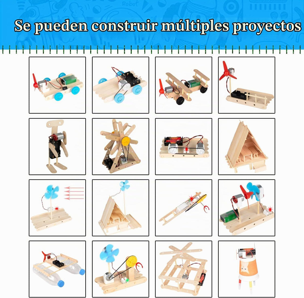 EUDAX Kit de 465 piezas de motor DC STEM Kit de motor eléctrico mini para proyectos científicos de bricolaje, Hélice de aspas de luz LED, Soporte de batería AA, engranajes de plástico, Kit de