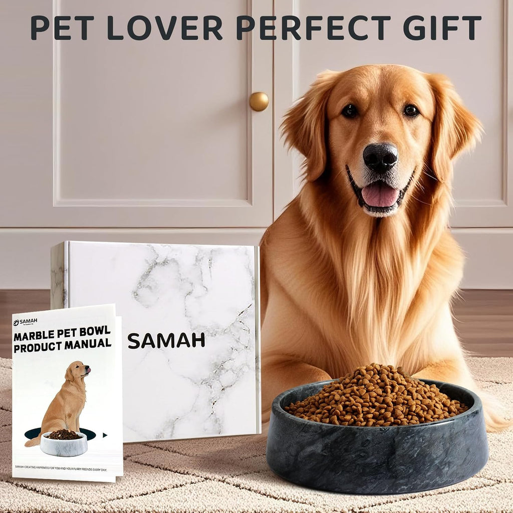 SAMAH Cuenco de mármol negro para perros, antideslizante y sin vuelcos, plato de piedra grande con peso, cuenco de agua de mármol natural para perros, fácil de limpiar, regalos para amantes de gatos y