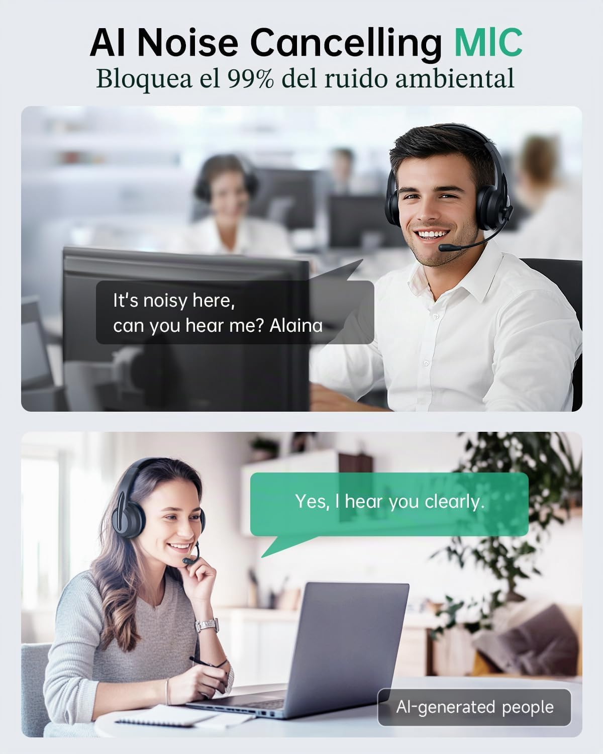 AOC Auriculares inalámbricos con micrófono para trabajo, cancelación de