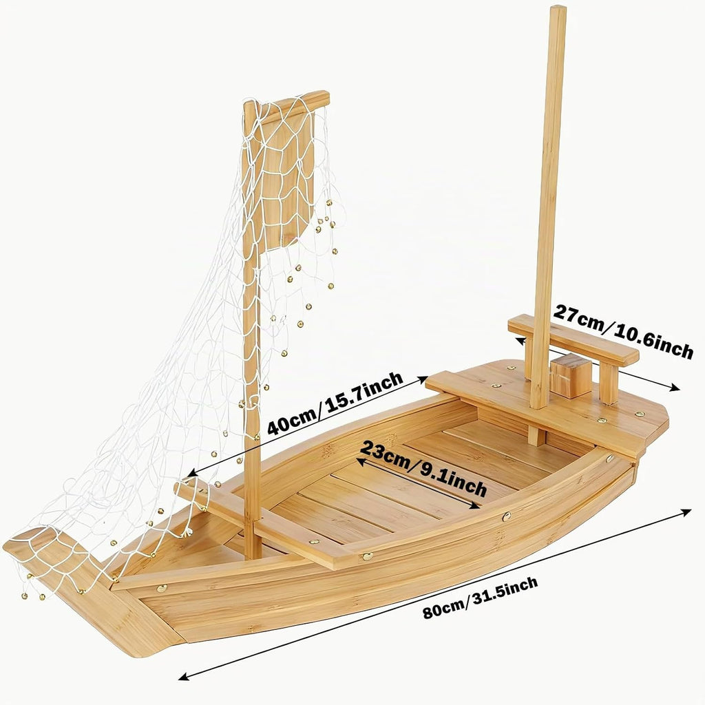 Bandeja de bambú de 31.5 pulgadas para servir sushi – Bandeja de sushi extra grande y tablero de exhibición, estilo barco de madera japonés para sushi, sashimi, fiesta de mariscos, plato de