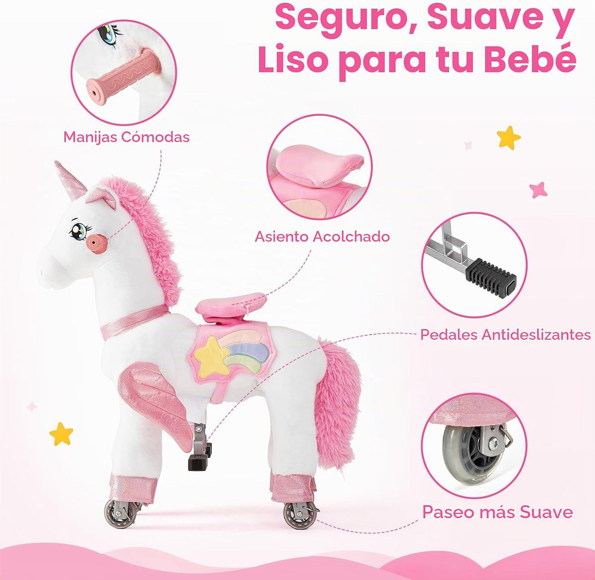 FUNLIO Caballo de unicornio para niños de 5 a 12 años, juguetes de felpa con ruedas para jugar en interiores y exteriores, fácil de montar, certificado CPC y CE, grande