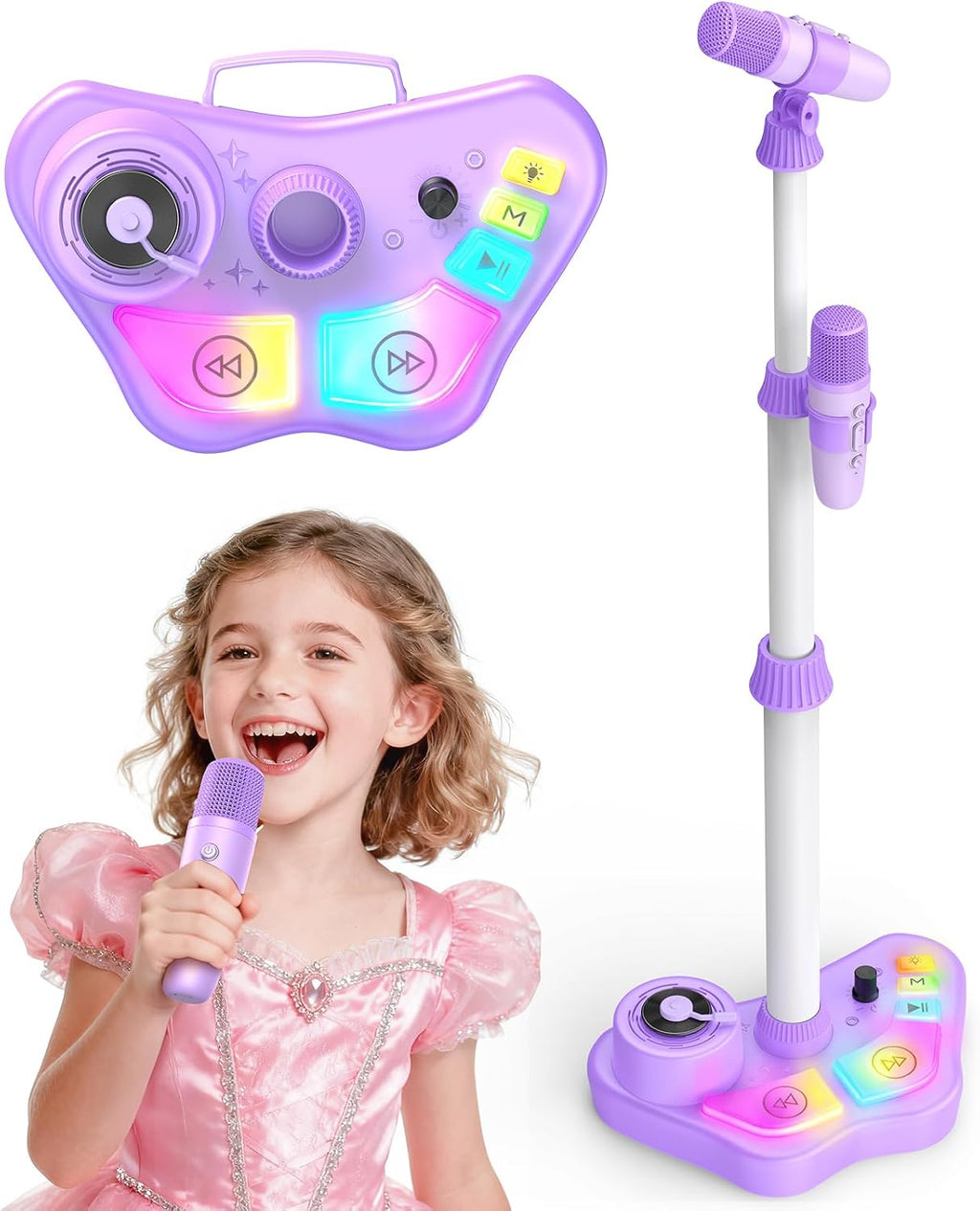 Máquina de karaoke recargable para niños, juguetes con 2 micrófonos inalámbricos, regalos de micrófono para niñas de 3, 4, 5, 6, 7, 8 años, nietos, altavoz Bluetooth con luces LED, regalo de cumpleaños para niños de 3 a 8 años