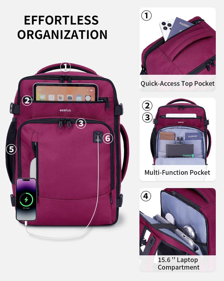 ECOHUB Mochila de Viaje Mochila de Equipaje de Mano, rojo (Red-3),...
