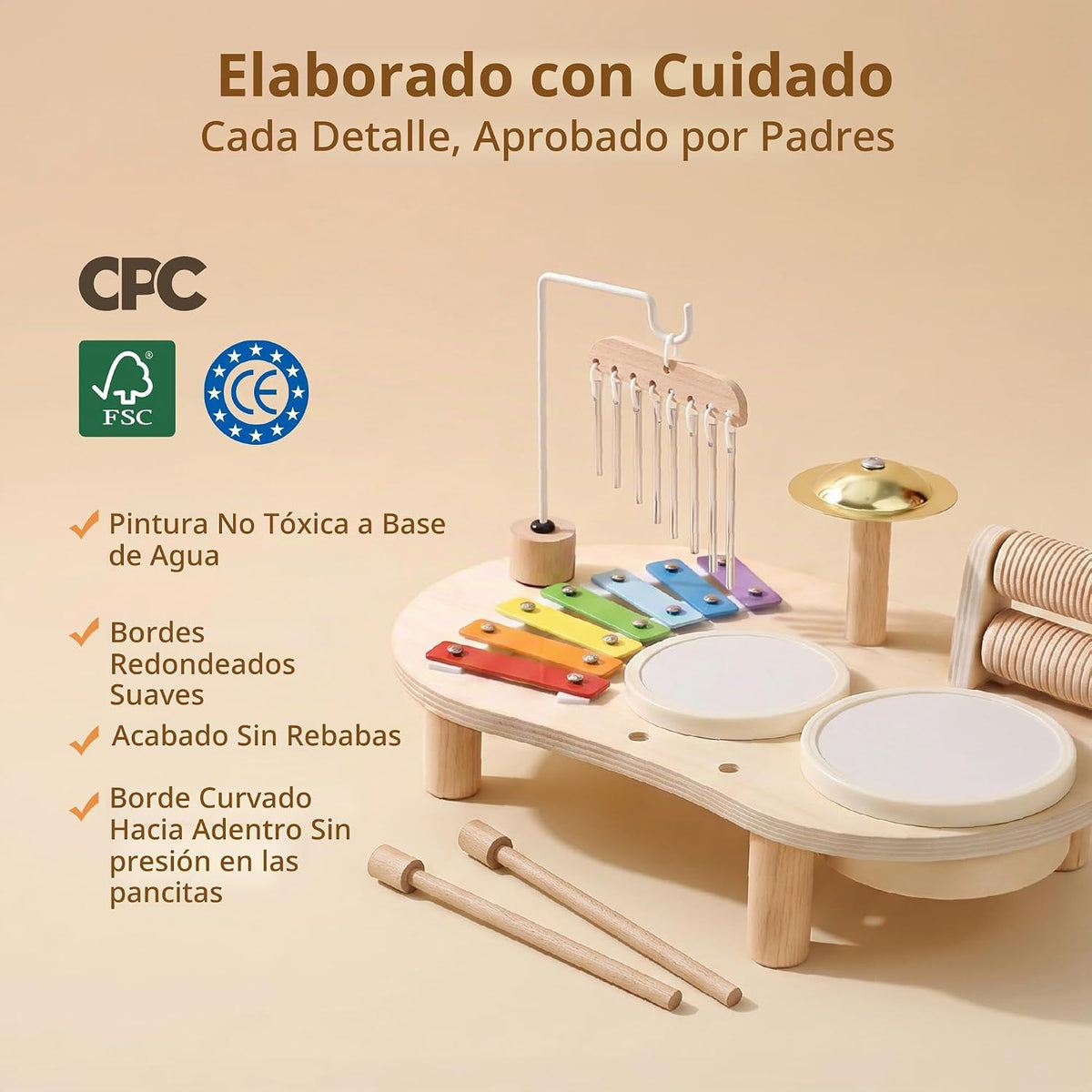 Set de Batería de Madera para Niños 1-3, Juguete Musical Montessori para Kids