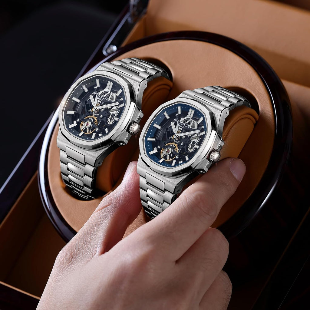 ROCOSJEWE Reloj Skeleton Automático de Lujo para Hombre, Reloj de Pulsera Mecánico de vestir, Remonte automático con esfera azul/negra, Joyería de acero inoxidable, manecillas luminosas, resistente al agua R0143