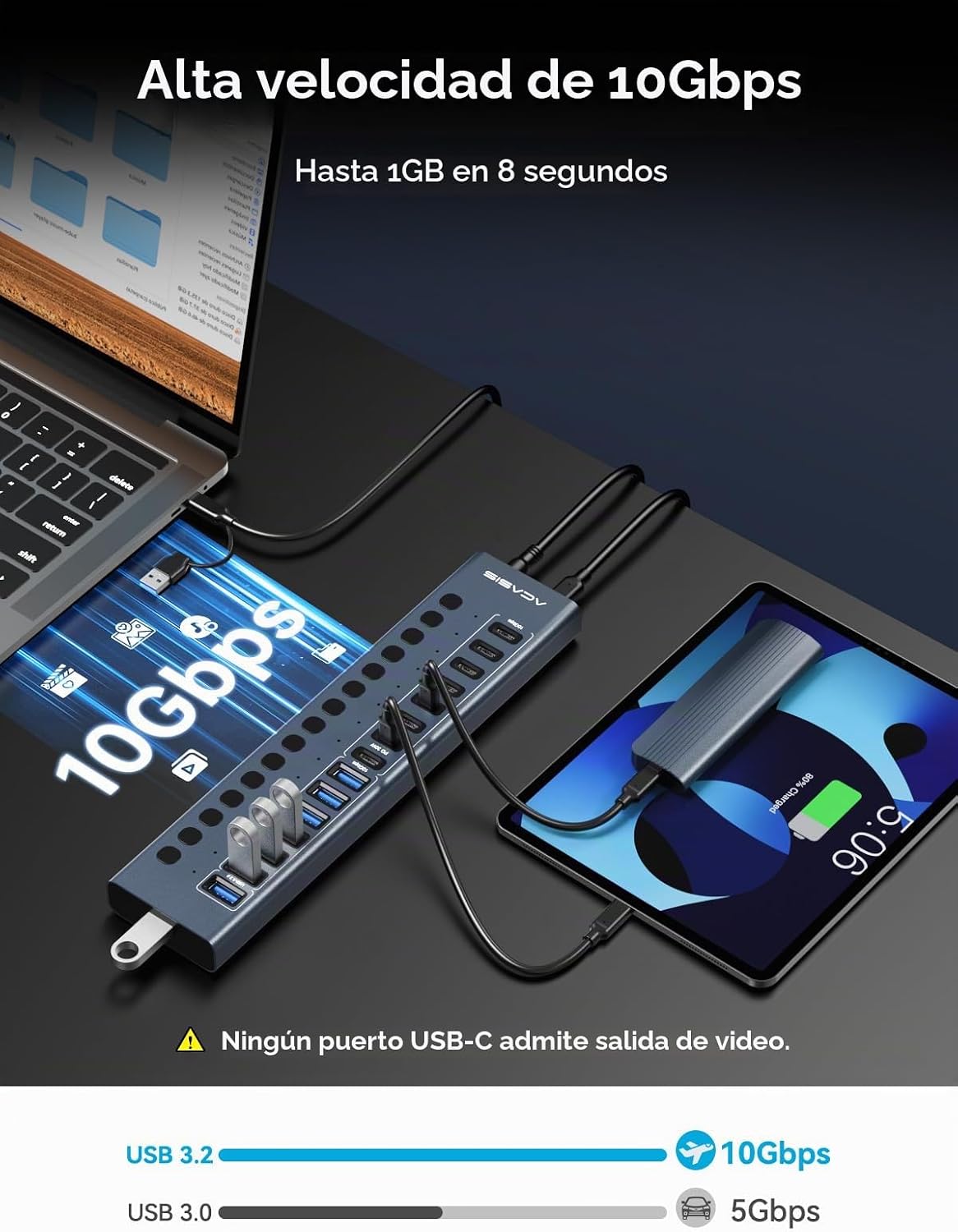 ACASIS, hub USB 3.2 de 8 puertos, alimentado