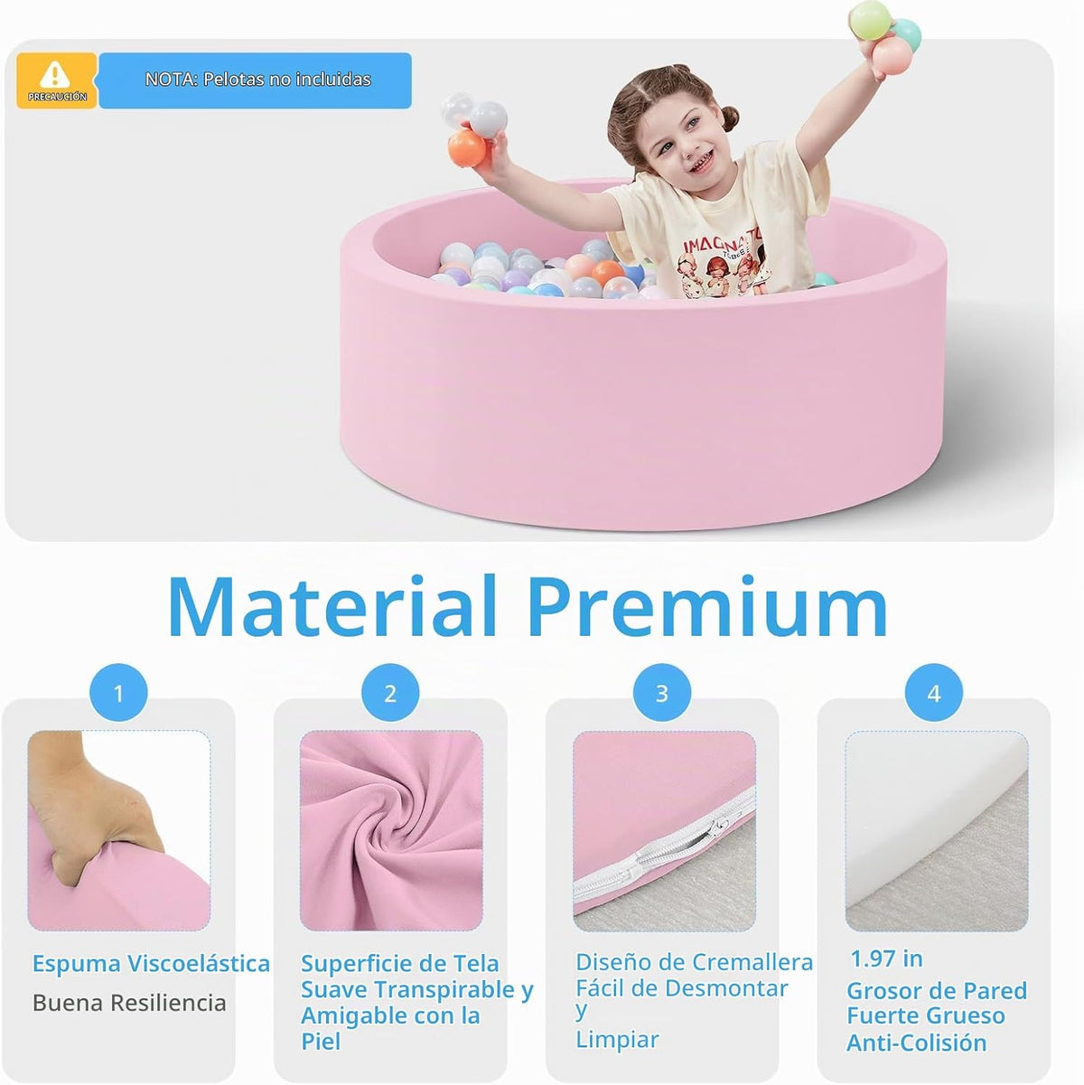 Piscina de Bolas de Espuma, 35.4" x 11.8" Piscina de Bolas para Niños Pequeños - Rosa