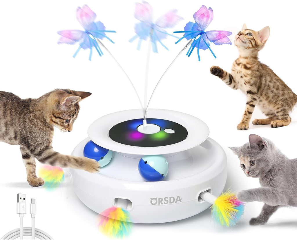ORSDA Juguete para gatos, juguete interactivo electrónico automático 3 en 1 con plumas de emboscada en movimiento, mariposa revoloteante, bolas de seguimiento, pateador inteligente recargable por USB