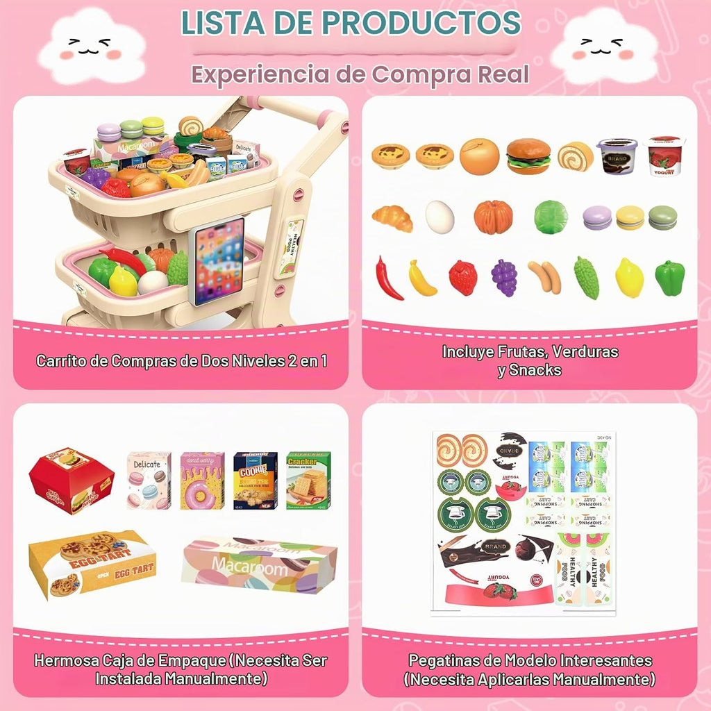 deAO Carro de compras para niños Carro de compras juguete de juego con 2