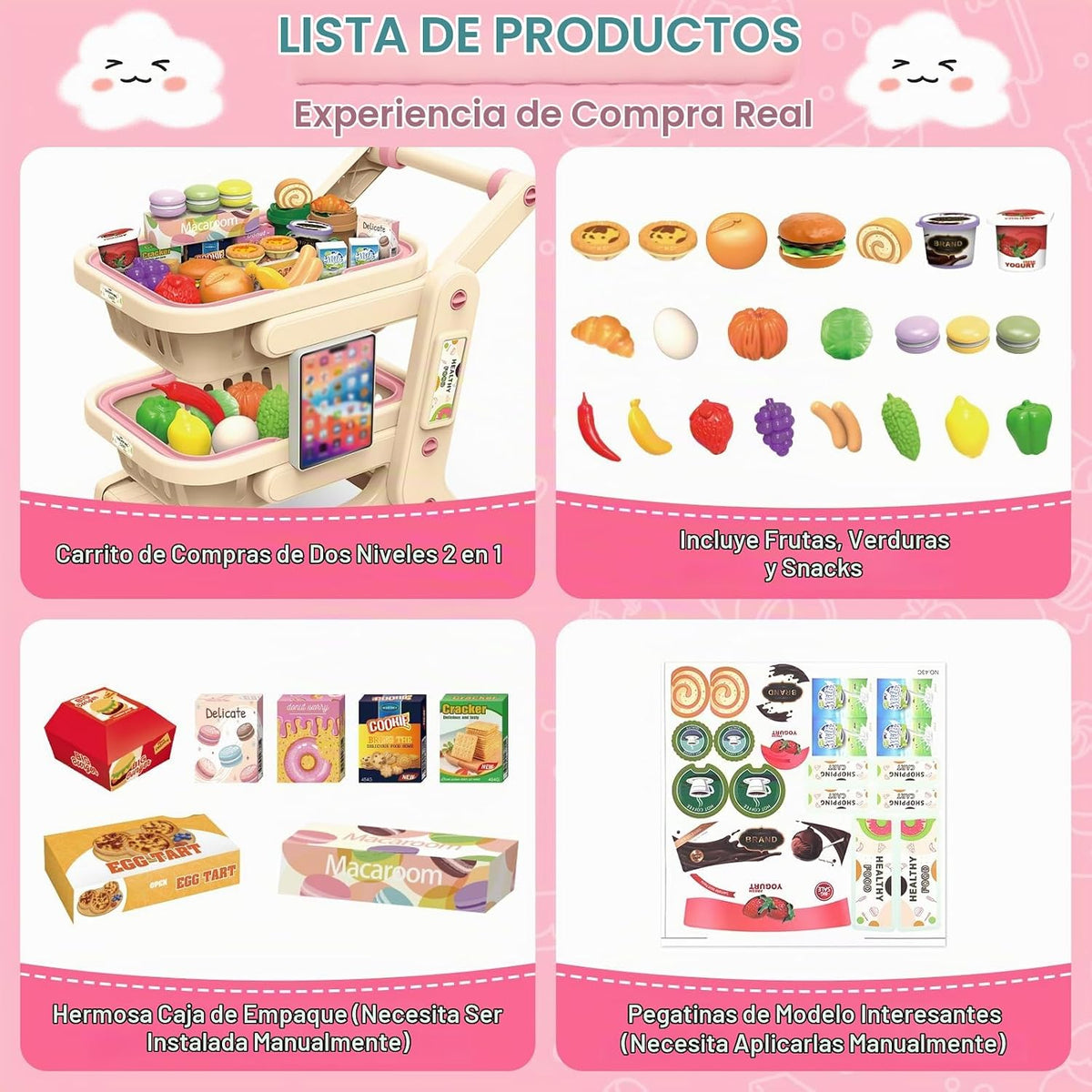 deAO Carro de compras para niños Carro de compras juguete de juego con 2