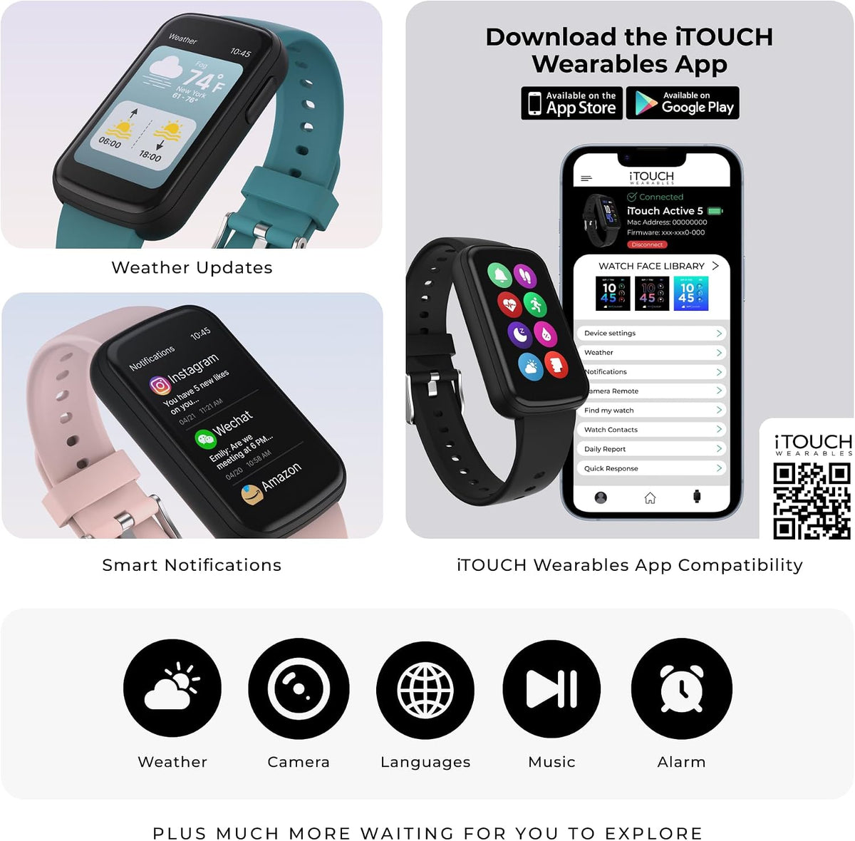 iTouch Active 5 - Reloj de seguimiento de actividad física para mujeres y hombres, monitor de frecuencia cardíaca, monitor de sueño, contador de pasos, más de 100 modos deportivos, batería de 7 días