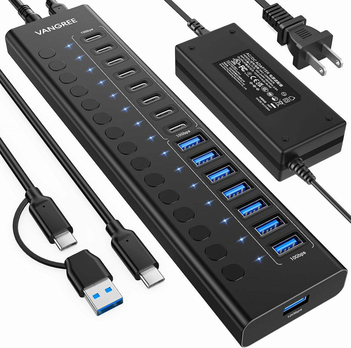 VANGREE, MKI-1200800C8, hub USB 3.2 de 16 puertos, alimentado, adaptador 5V/1.5A