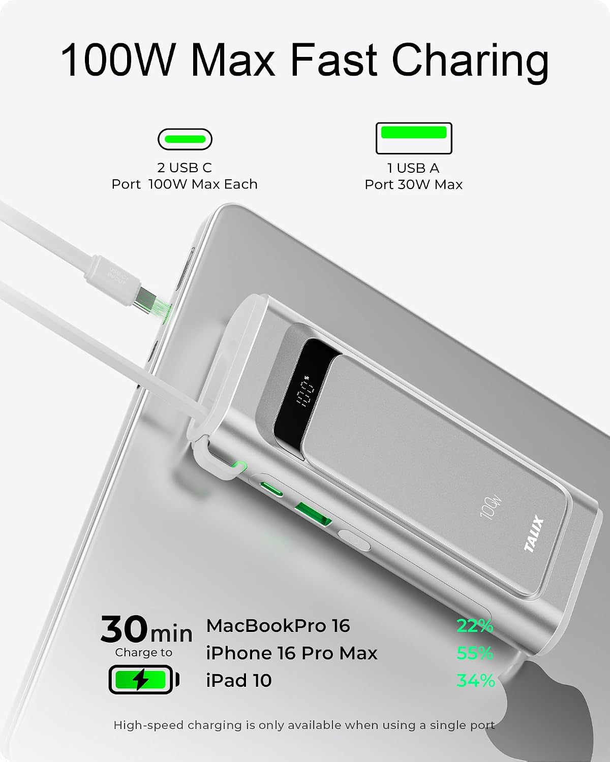 Cargador portátil de 100 W, banco de energía de 10000 mAh con cable