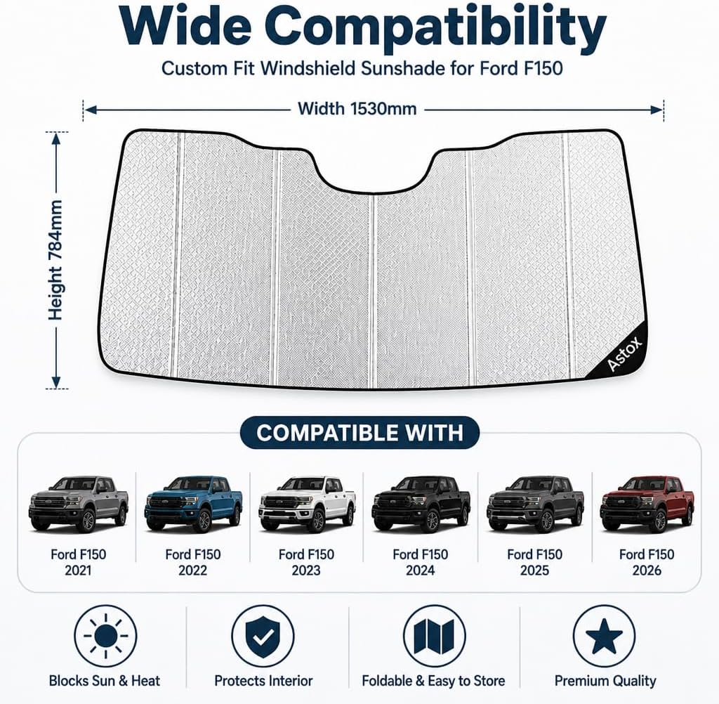 Astox Parasol para parabrisas para Ford F150 2021-2026 ajuste personalizado plegable para ventana delantera, accesorios para automóvil