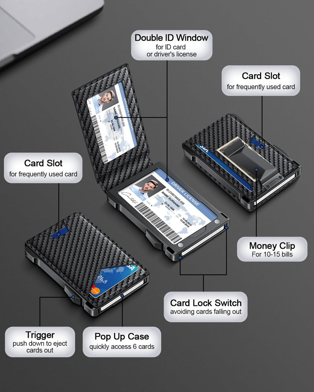 Cartera para hombres RFID con 2 ventanas de identificación y clip p...