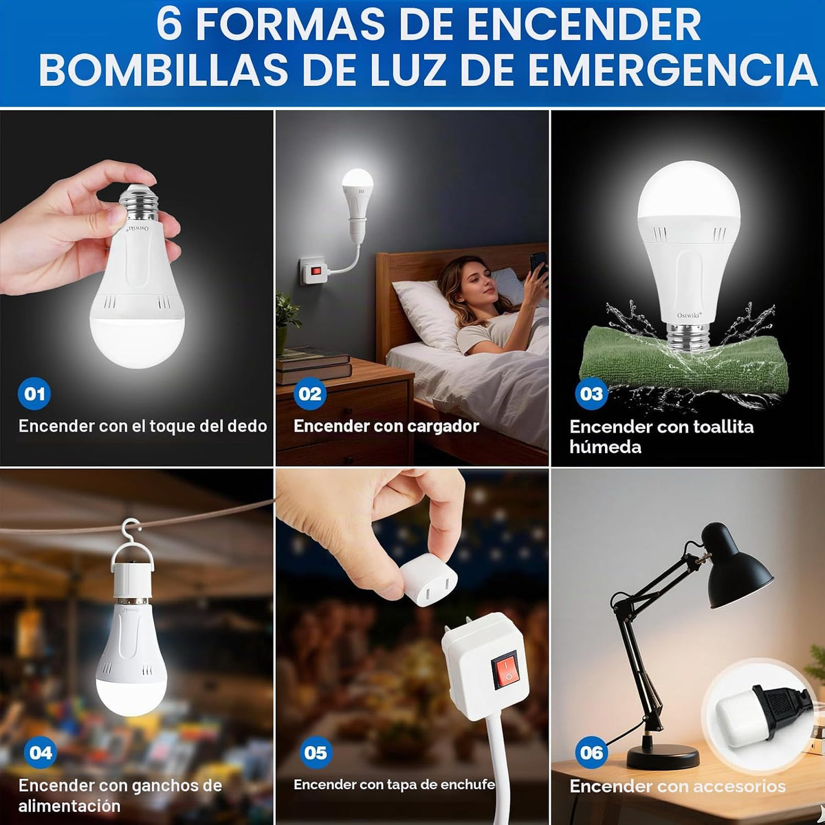Lámpara Paquete de 6 bombillas recargables A19 de 6500K luz diurna para