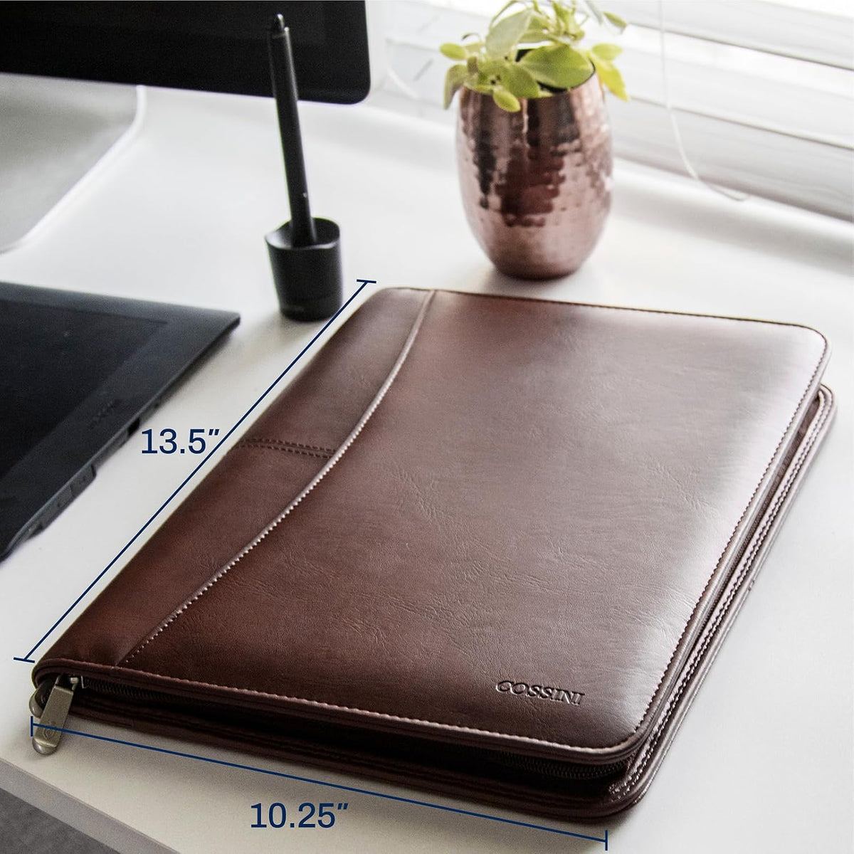 Cossini Portafolio de Negocios Premium con Cremallera – Padfolio - Las Impresiones Comerciales Superiores Comienzan con Cuero PU Vegano, Funda para Tableta de 10.1 Pulgadas, Almacenamiento Inteligente