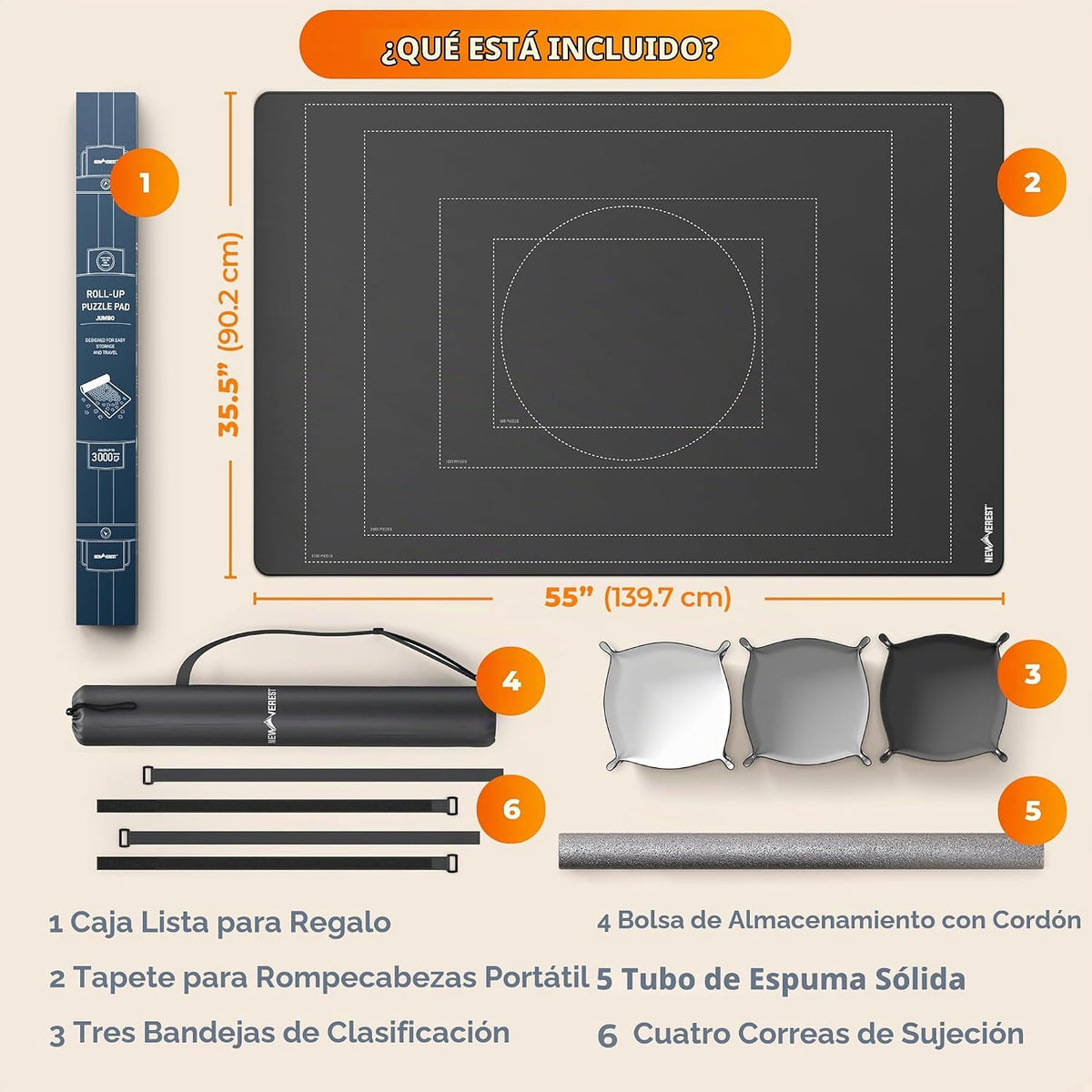 Newverest Tapete Enrollable para Rompecabezas, Almohadilla Ahorradora de 55" x 35.5" Guardador Portátil para Hasta 3000 Piezas con Parte Inferior de Goma Antideslizante y Parte Superior de Poliéster +