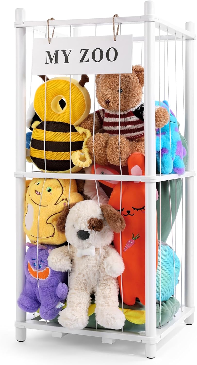 Almacenamiento de Animales de Peluche Zoo, Organizador de Animales de Peluche de Madera con Cuerdas Elásticas para Niños y Niñas, Soporte de Almacenamiento de Juguetes de Peluche que Ahorra