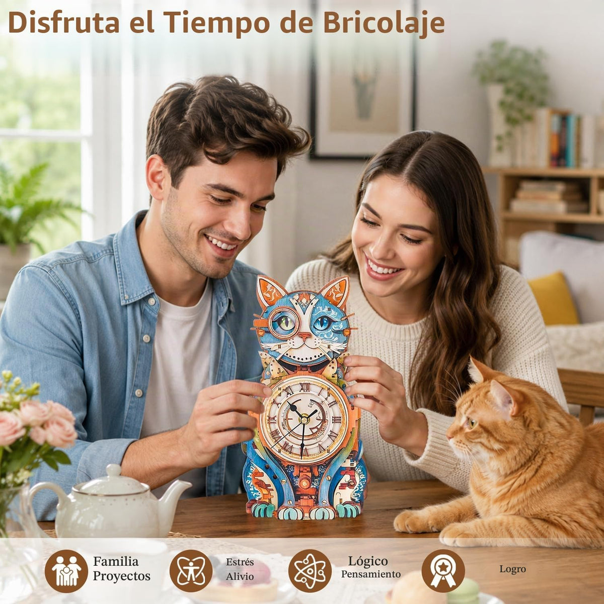 Rompecabezas 3D para adultos, lindo reloj de gato 3D, rompecabezas de madera, kit de reloj de rompecabezas de gato para bricolaje, Navidad, regalo de cumpleaños para mujeres, mamá, hombres, decoración del hogar, vacaciones