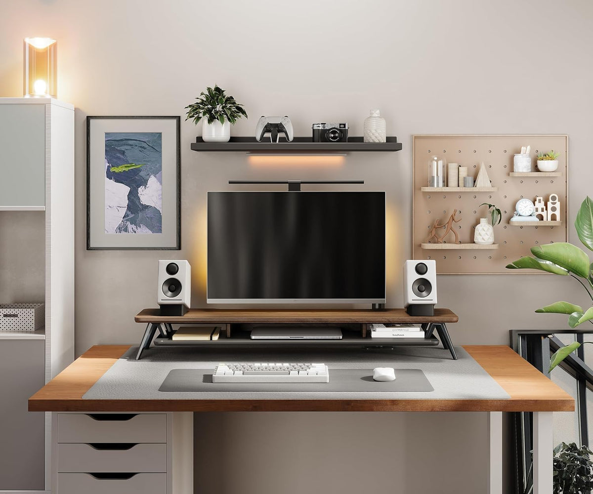 Fenge Soporte para monitor doble, soporte elevador para 2 monitores, estante de escritorio de madera de 42.5 pulgadas con organizador de almacenamiento y gestión de cables para accesorios de