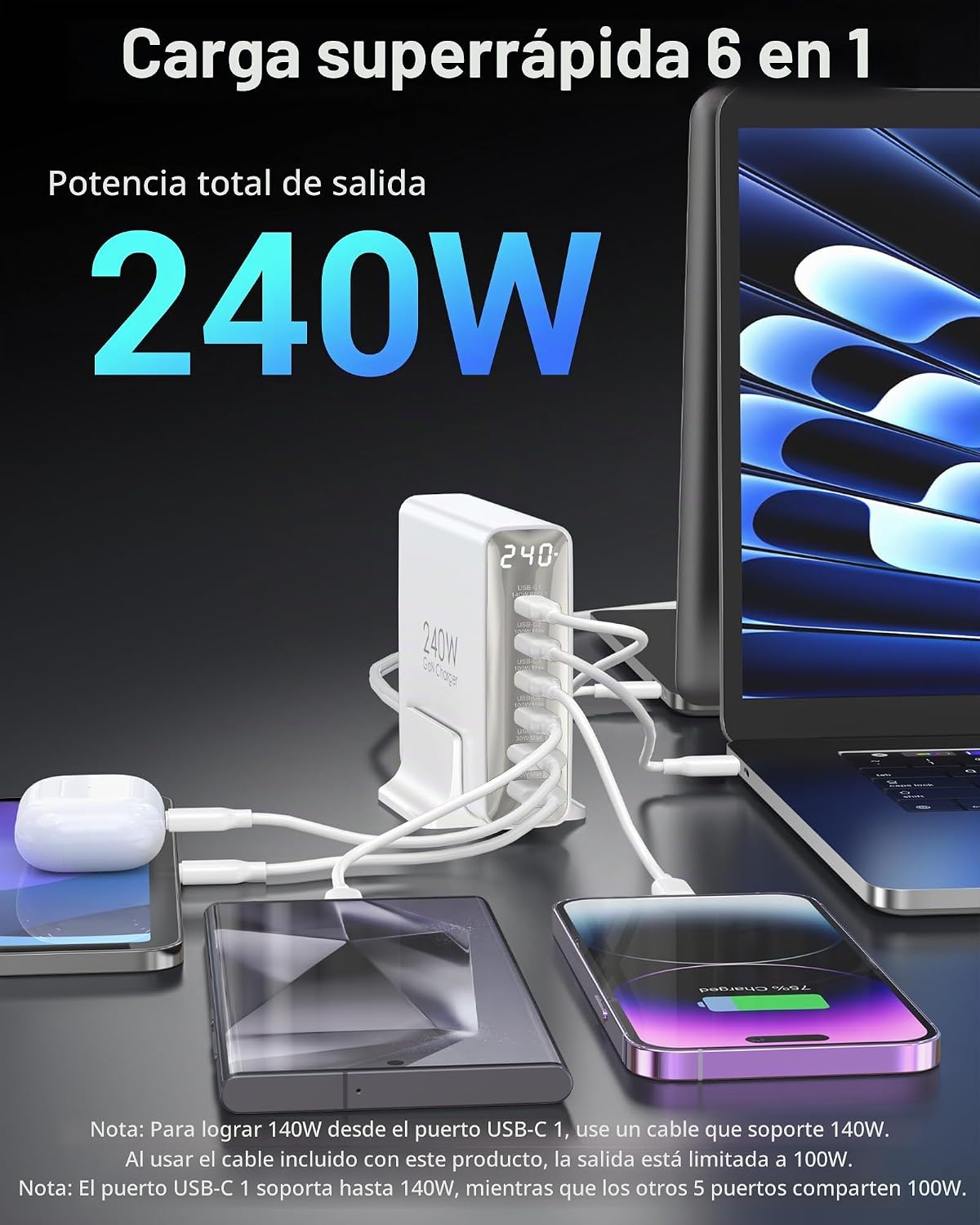TOPADRE Cargador USB C de 240 W con pantalla, estación de carga de 6
