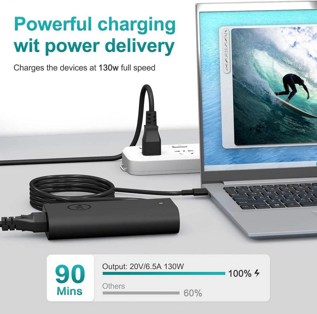Cargador USB C para portátil de 130 W compatible con Dell XPS 15 17 9575, Precision Chrger 5750 5570 5530 5550 3560 3551 3550, cargador Latitude 5420 5510 7210 7310 7410 9410 9410 9410 0 951 0 - Cable