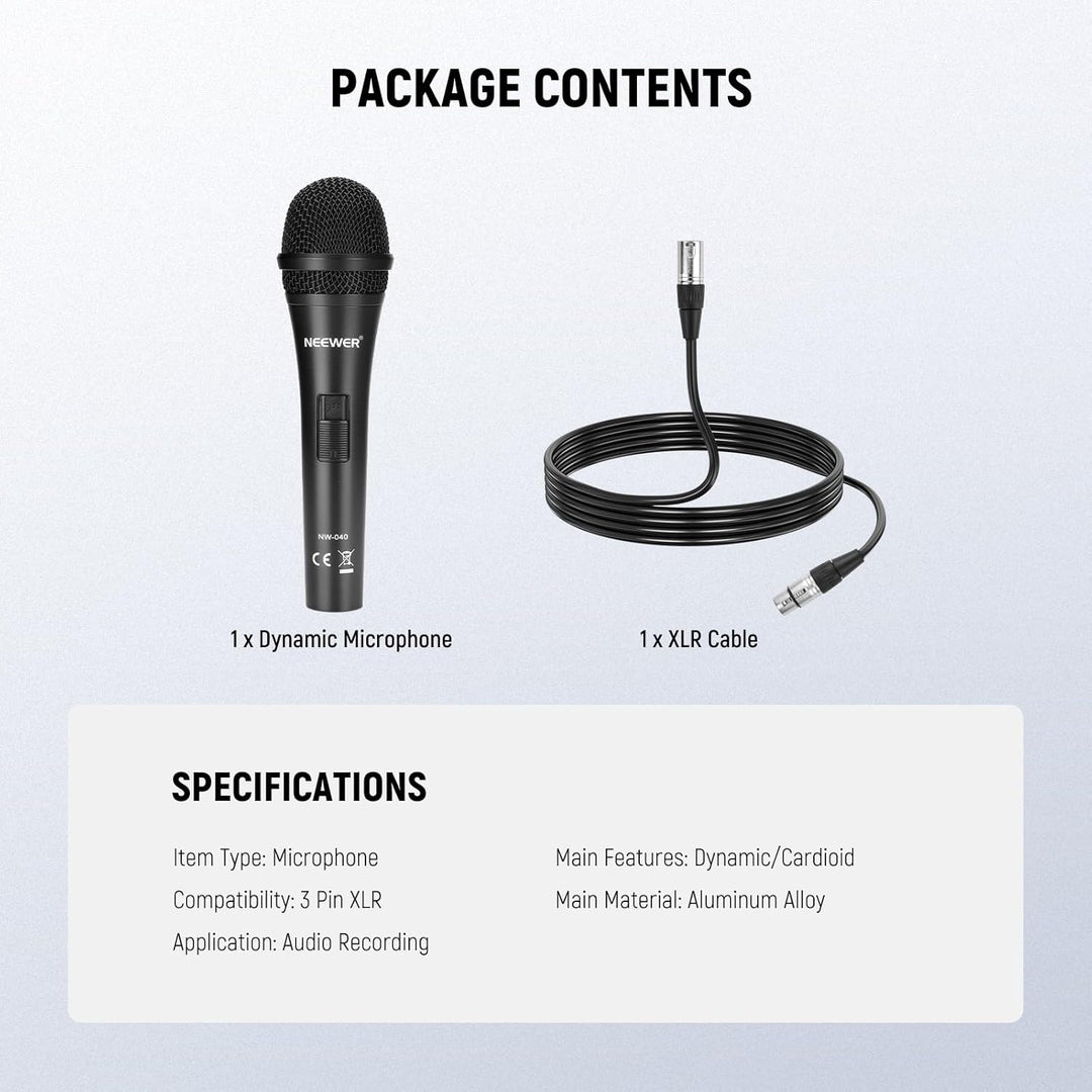 NEEWER NW-040 Micrófono dinámico cardioide con cable XLR, carcasa r...