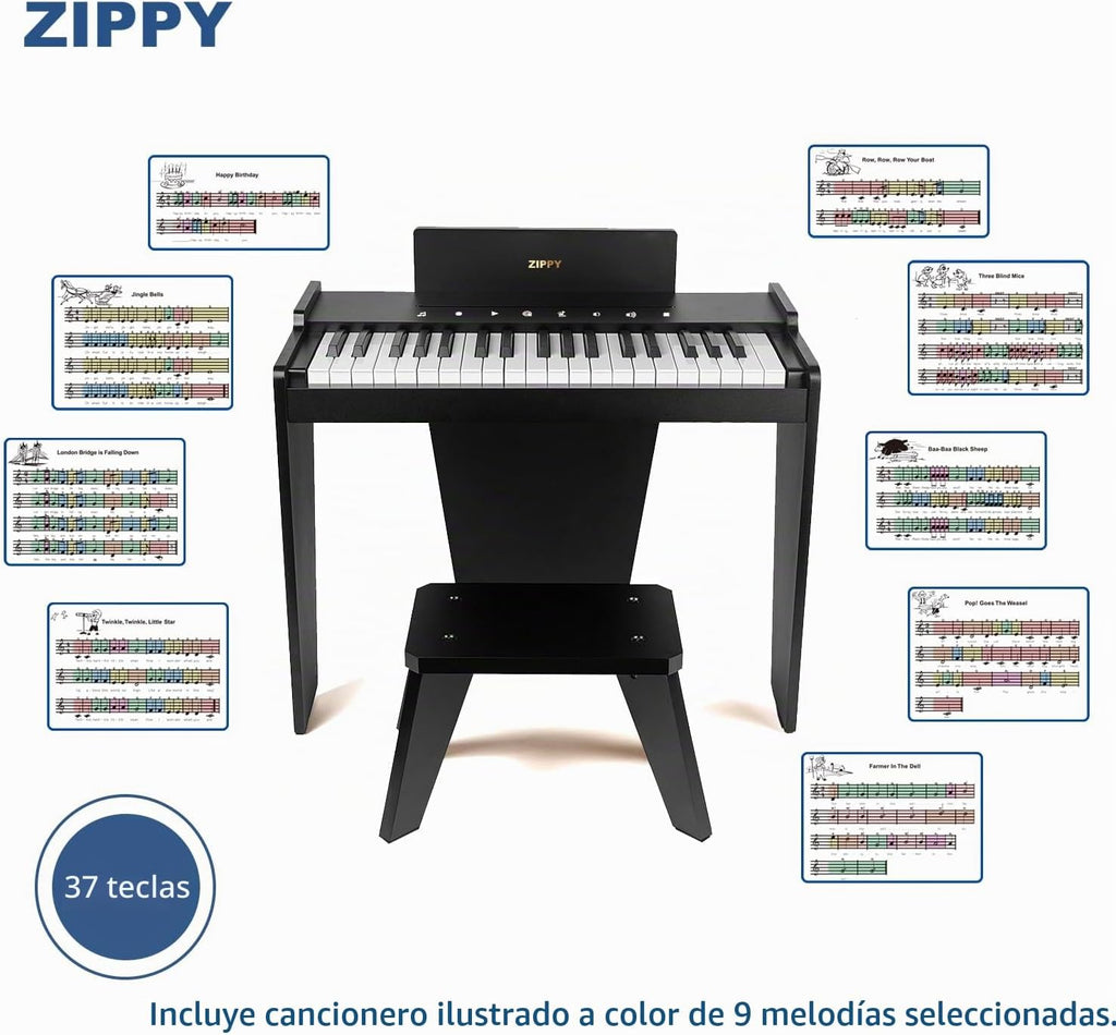 ZIPPY Teclado de piano para niños, piano digital de 37 teclas para niños, instrumento educativo musical, piano de madera para niñas y niños a partir de 3 años (negro Plus)