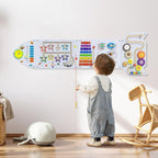 Paneles de pared con actividades de cohete, panel de pared sensorial para niños, tablero de actividades de pared Montessori para niños pequeños, juguetes de pared para niños pequeños de 3 años, cubo de actividades, tablas de madera, blanco y gris (4