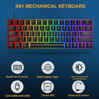 BlueFinger Combo de teclado y mouse mecánicos para juegos 60%, Negro