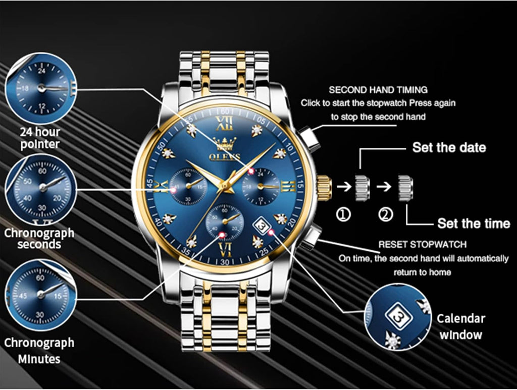 OLEVS Relojes de Oro para Hombres Reloj de Pulsera de Lujo a Prueba de Agua Gran Cara Elegante Acero Inoxidable Analógico Cuarzo Fecha Cronógrafo Luminoso Lectura Fácil Relojes de Negocios Regalos para Hombres Graduación