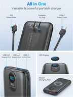 Cargador portátil Power Bank 10000mAh PD20W con cables incorporados, Negro
