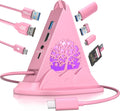 Hub USB C rosa, adaptador multipuerto USB C 8 en 1 con HDMI 4K a 60Hz, carga de energía de 100 W, tipo C de 5 Gbps, 3 USB-A 3.0, ranuras SD/TF e iluminación RGB, concentrador tipo C rosa para MacBook, iPhone17, iPad, XPS (árbol)