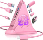 Hub USB C rosa, adaptador multipuerto USB C 8 en 1 con HDMI 4K a 60Hz, carga de energía de 100 W, tipo C de 5 Gbps, 3 USB-A 3.0, ranuras SD/TF e iluminación RGB, concentrador tipo C rosa para MacBook, iPhone17, iPad, XPS (árbol)