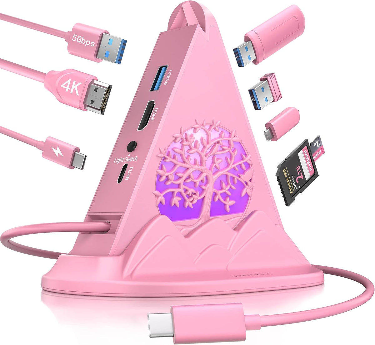 Hub USB C rosa, adaptador multipuerto USB C 8 en 1 con HDMI 4K a 60Hz, carga de energía de 100 W, tipo C de 5 Gbps, 3 USB-A 3.0, ranuras SD/TF e iluminación RGB, concentrador tipo C rosa para MacBook, iPhone17, iPad, XPS (árbol)