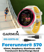 Garmin Forerunner 570 42mm Reloj inteligente avanzado GPS para correr y triatlón, pantalla AMOLED, funciones de entrenamiento y recuperación, aluminio frambuesa con banda translúcida hueso/mango con
