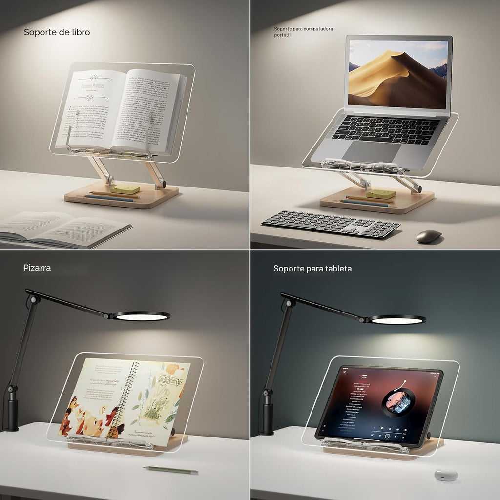 Soporte de acrílico ajustable para lectura, soporte para libros con ranura para bolígrafo, elevador de escritorio plegable para laptop, receta, libro de texto, manos libres, soporte para libros de