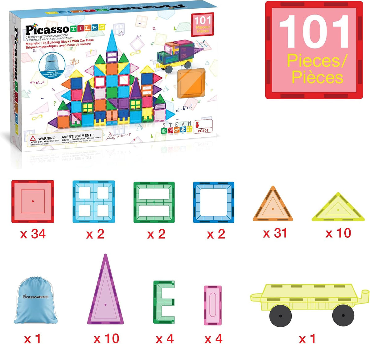 PicassoTiles 101 Piece Magnetic Tiles Building Set con Car & Bag Ages 3+