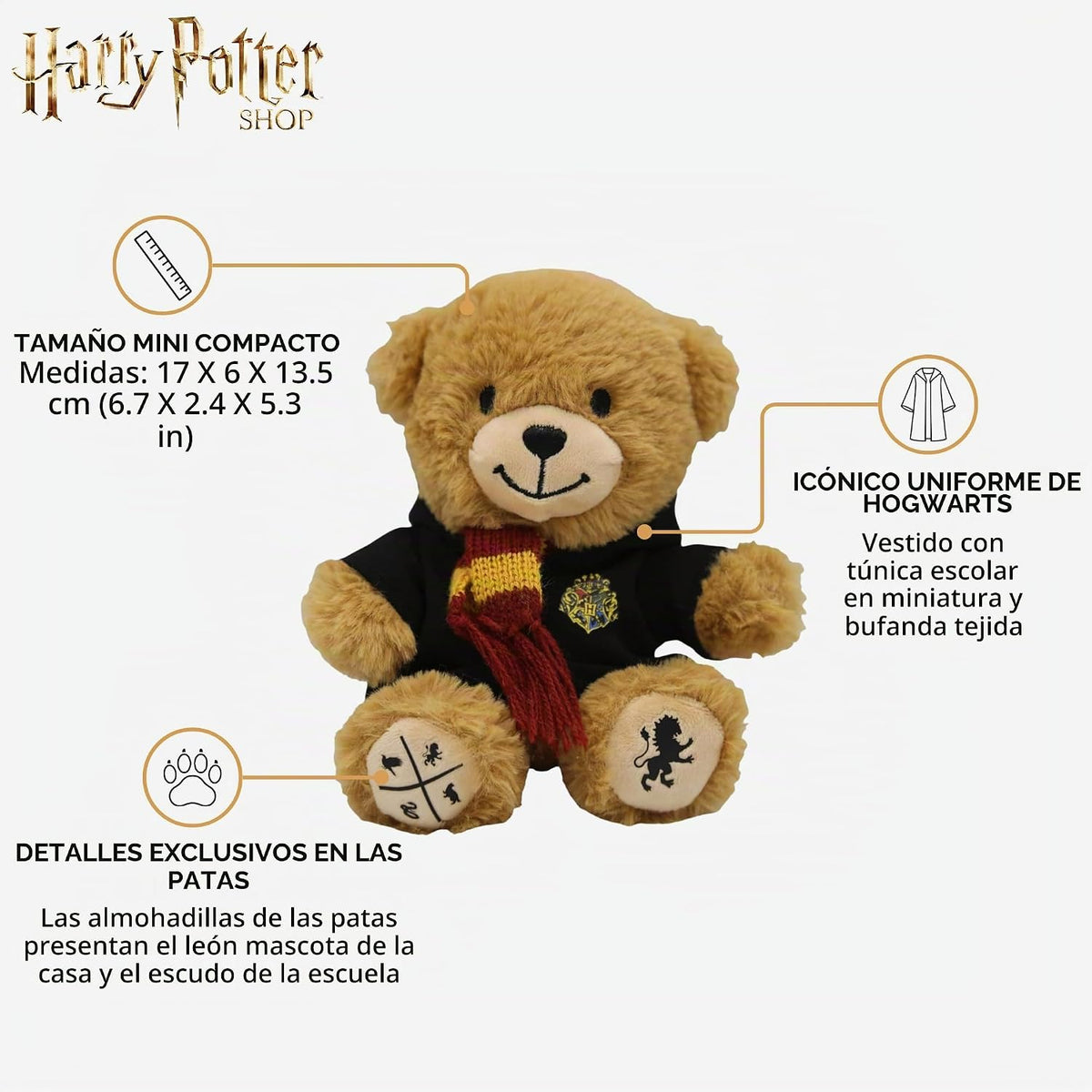 Harry Potter Peluche de oso Gryffindor, mini peluche de Hogwarts con bata y