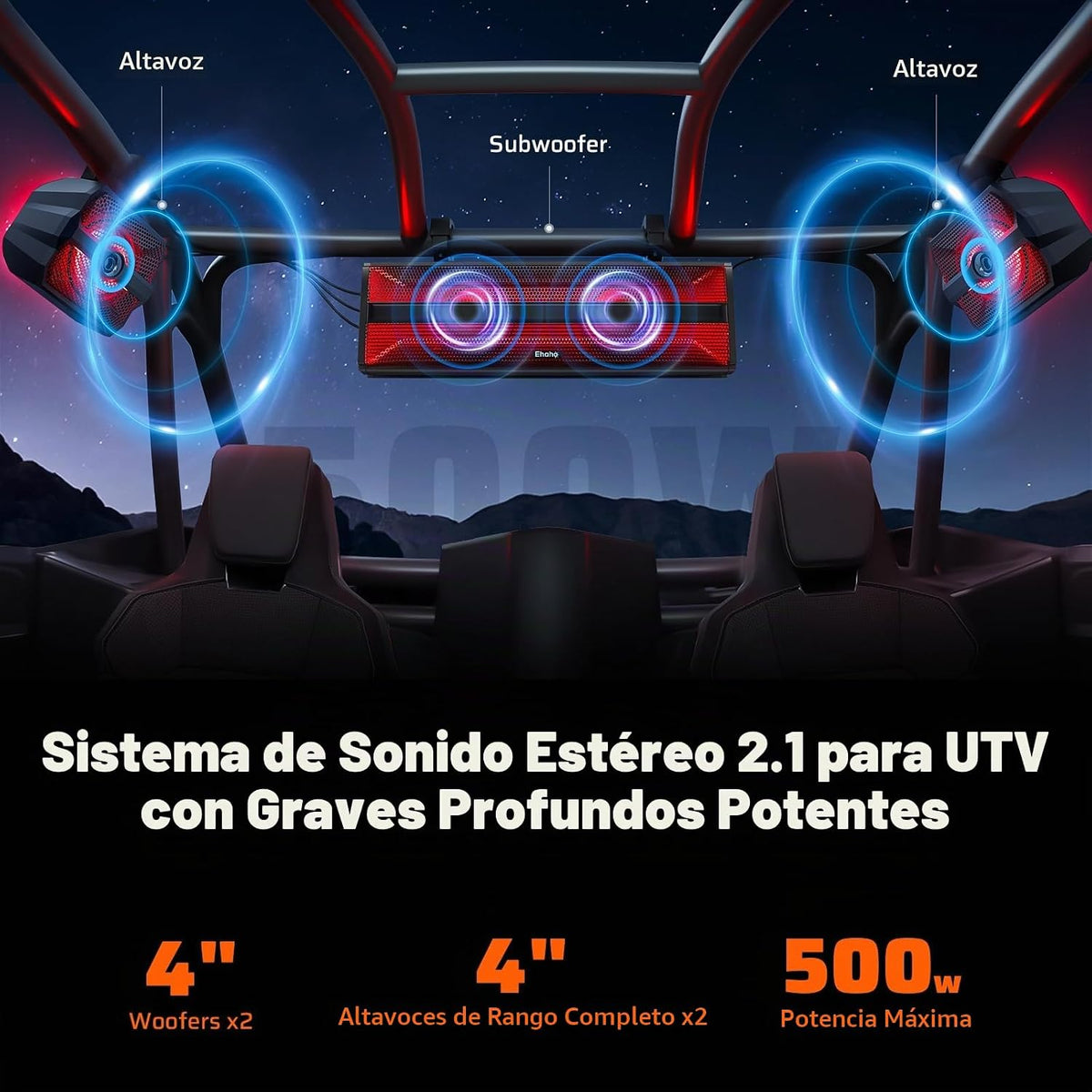 Ehaho Barra de sonido estéreo UTV de 2.1 canales (subwoofer) y altavoces, barra de sonido Bluetooth ATV de 16.9 pulgadas con luces RGB, altavoces impermeables para carrito de golf, barra de sonido