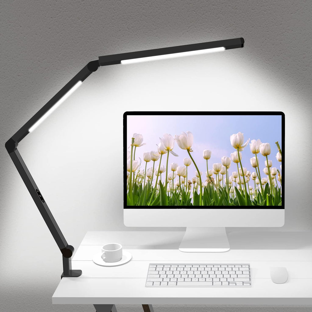Lámpara Lámpara de escritorio LED con abrazadera, lámpara de escritorio de arquitecto con doble luz y brazo oscilante ajustable, cuidado de los ojos con clip, 4 modos CCT y 5 niveles de brillo, luz de mesa, iluminación de computadora moderna para oficina