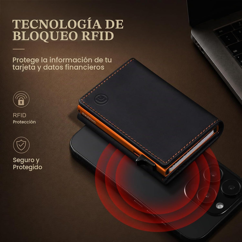 Cartera de cuero de grano completo para hombre, con 2 ventanas de identificación, bloqueo RFID, triple plegable, tarjetero desplegable para tarjetas de crédito, cartera para 9-11 tarjetas