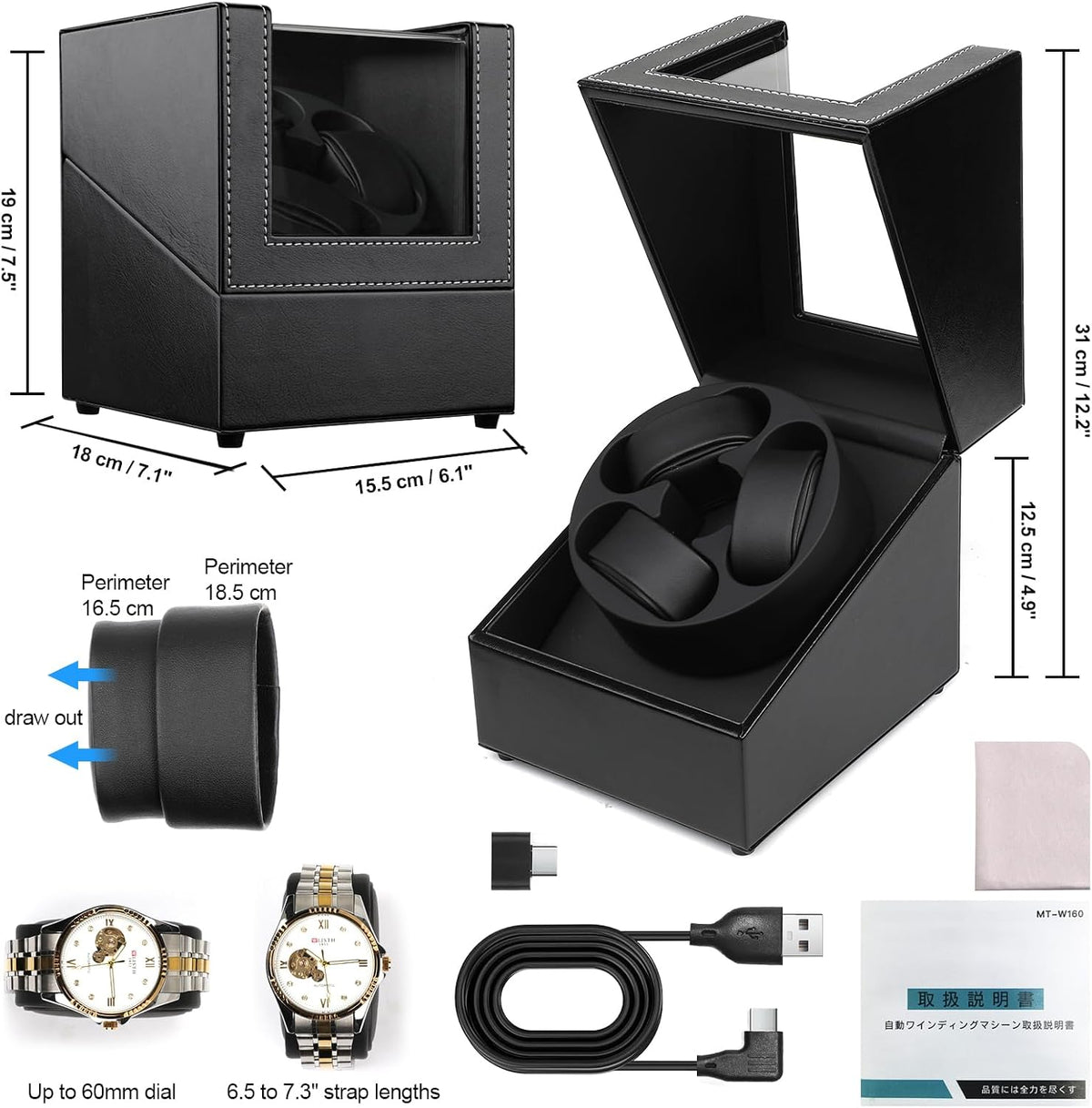 Watch Winder para 3 relojes automáticos, motor japonés silencioso