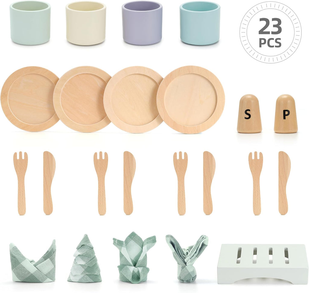 Platos de juego de madera para niños - Accesorios para cocina de juego