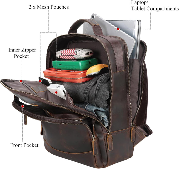 TIDING Mochila de cuero de grano completo para computadora portátil...