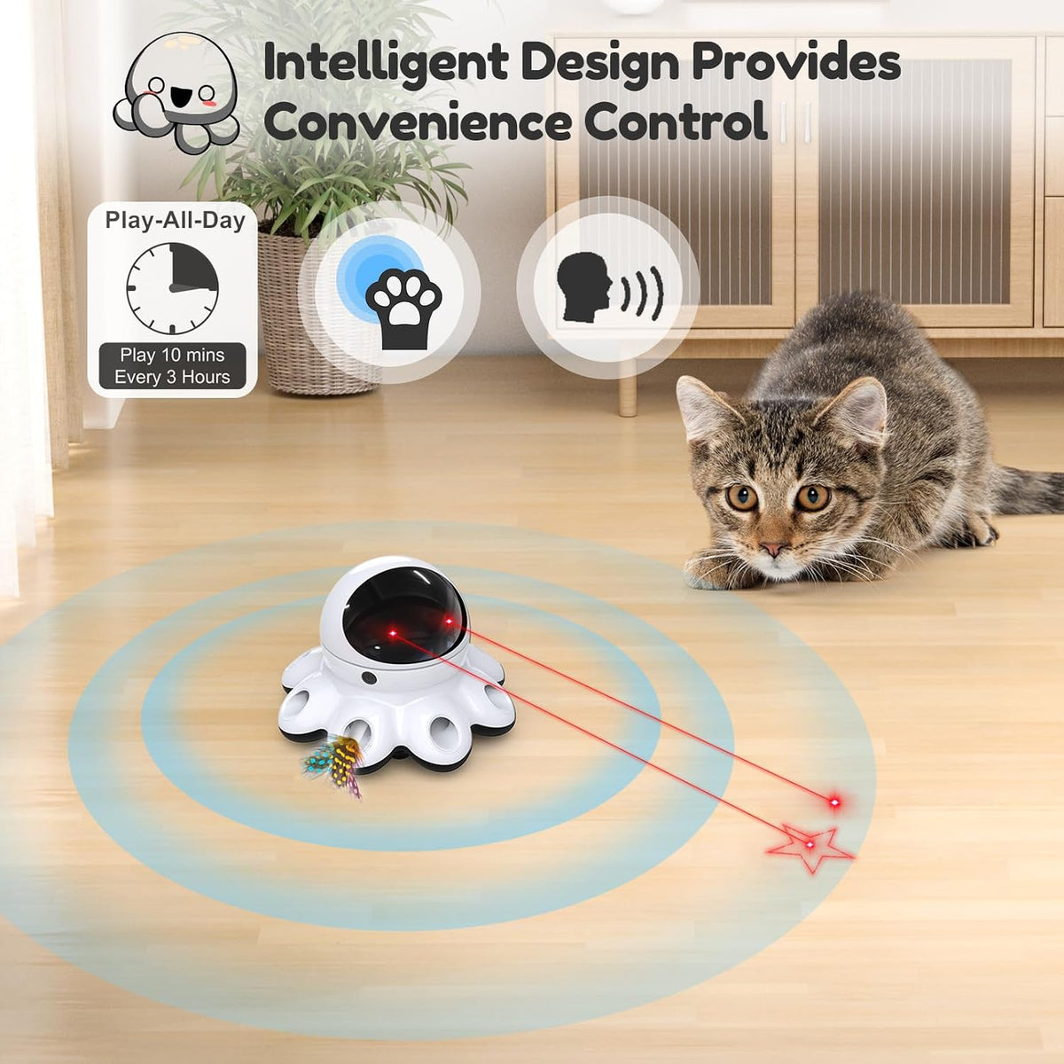 ORSDA Juguete láser para gatos, juguetes interactivos 2 en 1 para gatos de interior, puntero láser automático, 8 agujeros, ratones golpean una pluma móvil, juguetes electrónicos recargables por USB