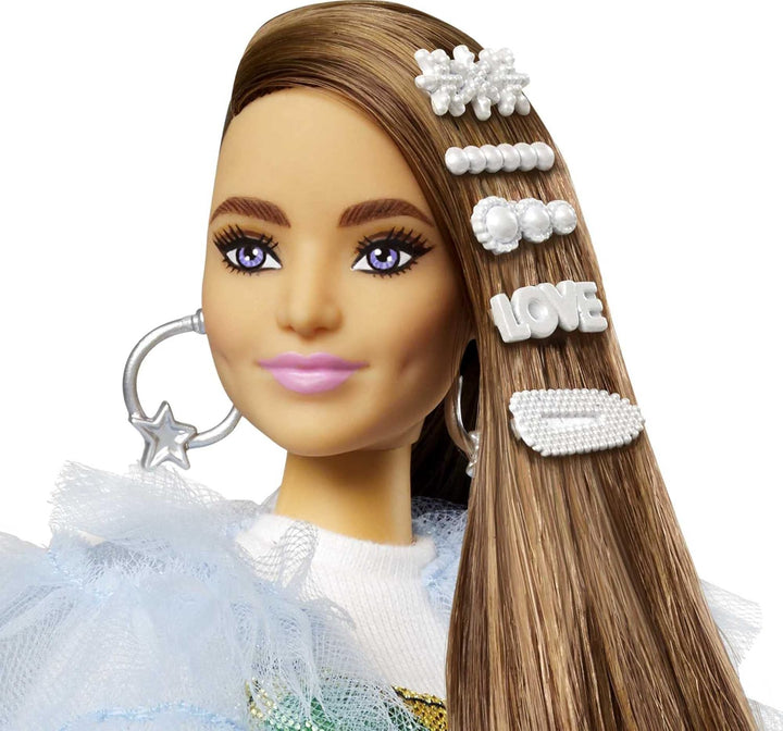 Barbie Muñeca extra y accesorios con pelo largo morena y clips bril...
