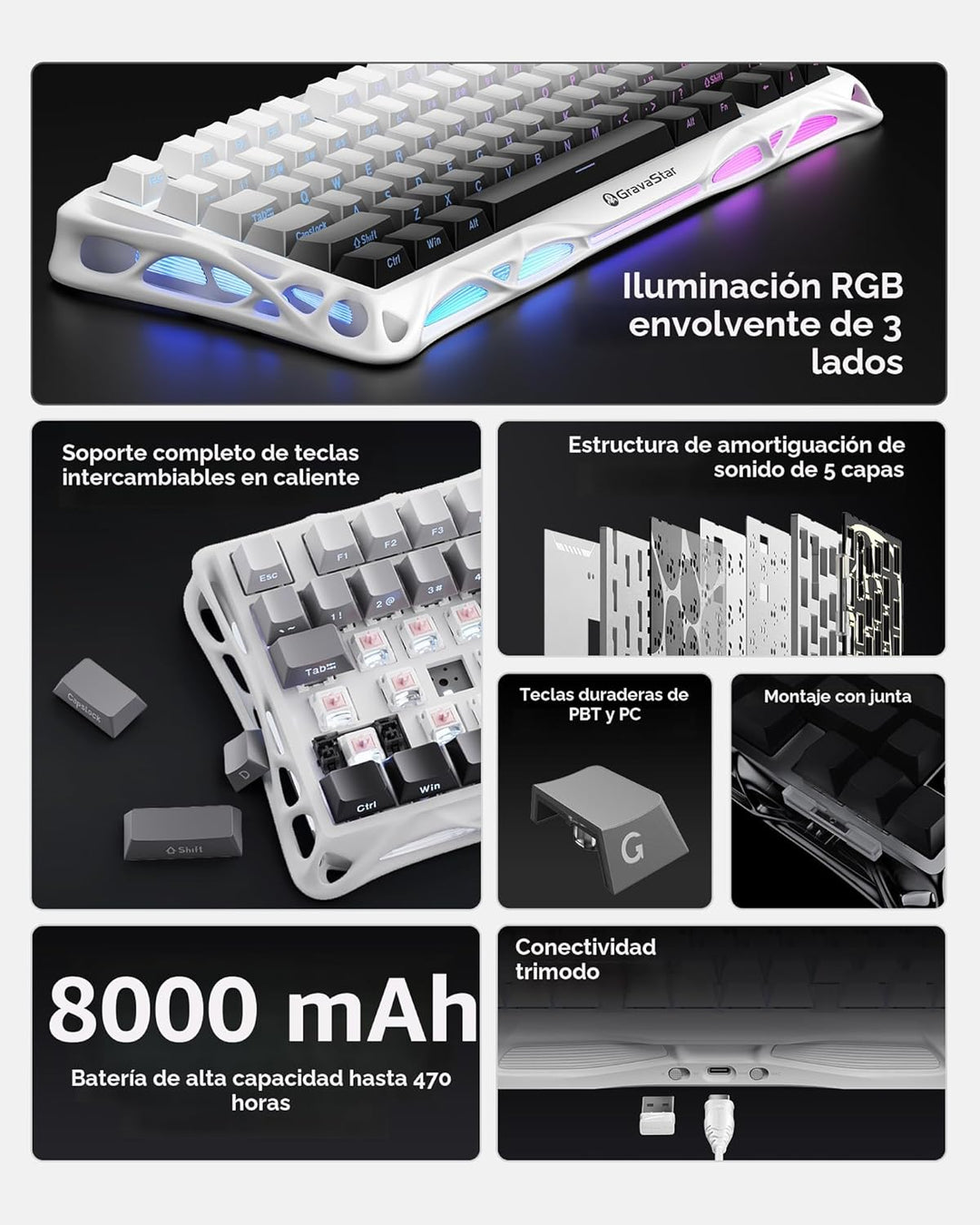 GravaStar Teclado mecánico inalámbrico Mercury K1 75% para juegos,...